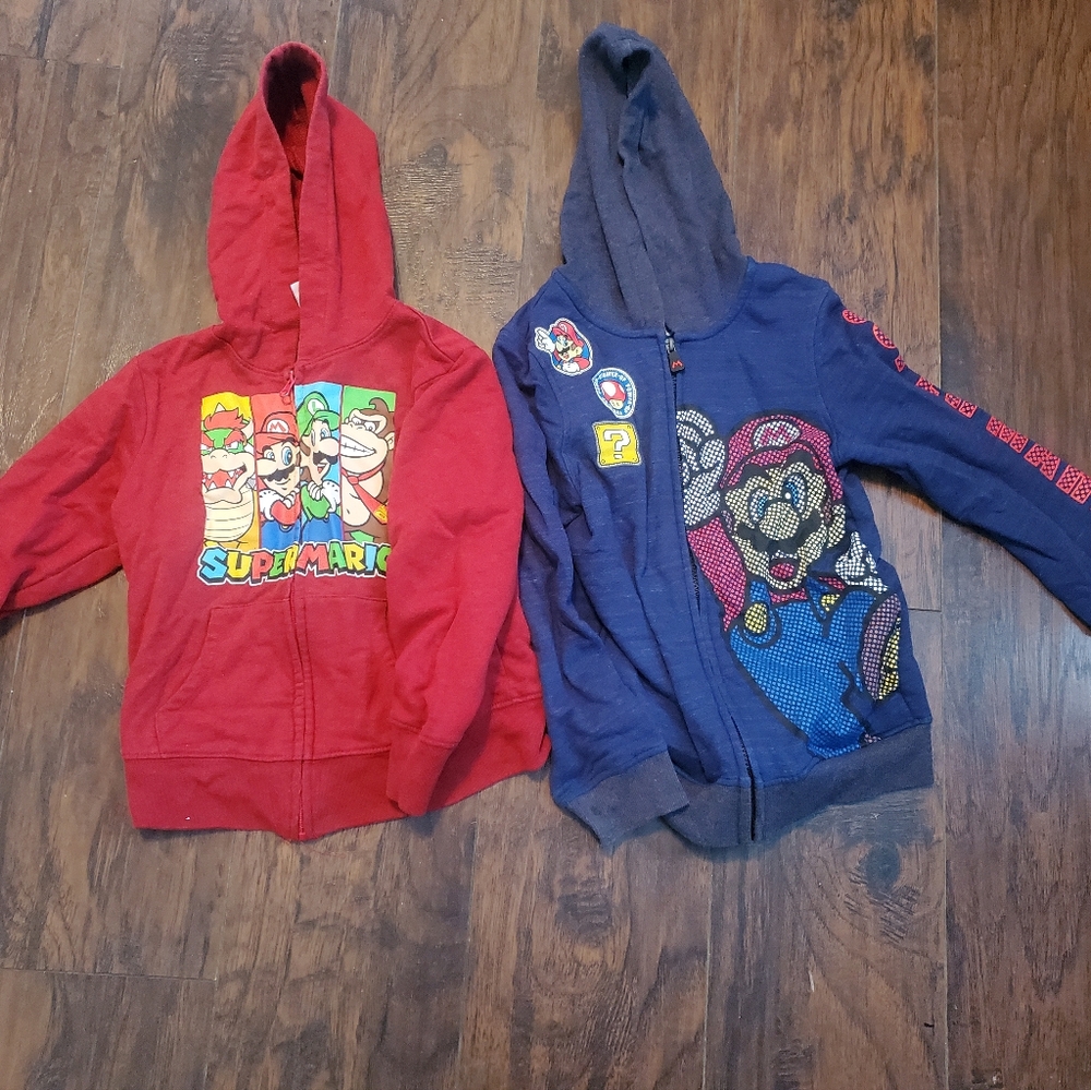 2 Mario Hoodies Sweatshirt Jackets Coats Super 7 8 large medium boys blue red